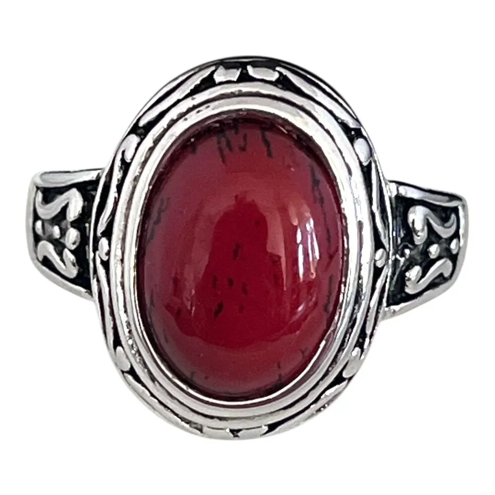 New Premier Designs Ring Size 6 Antiqued Silver Tone Red Cabochon  9M